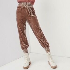 Anthropologie Gloria Velvet Jogger Pants Taupe‎ Smocked Waist M Boho Athleisure